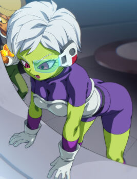 1boy 1girl alien armor ass bodysuit breasts cheelai colored_sclera colored_skin dragon_ball dragon_ball_(object) dragon_ball_super dragon_ball_super_broly gloves green_skin lemo_(dragon_ball) medium_breasts open_mouth orange_skin purple_bodysuit purple_eyes rom_(20) scouter short_hair teeth tongue white_gloves white_hair yellow_sclera