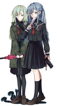 2girls absurdres bang_dream! bang_dream!_it&#039;s_mygo!!!!! black_pantyhose black_sailor_collar black_serafuku black_skirt black_socks blue_hair brown_shoes coat commentary english_commentary green_coat green_hair hair_ribbon highres holding holding_umbrella kneehighs living_shadow loafers long_hair multiple_girls neckerchief pantyhose pleated_skirt pokarii_zuu red_neckerchief red_ribbon ribbon sailor_collar school_uniform serafuku shoes simple_background skirt socks togawa_sakiko two_side_up umbrella wakaba_mutsumi white_background yellow_eyes