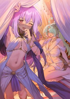 2girls absurdres alternate_costume aochoku aqua_eyes aqua_hair arabian_clothes arm_up armpits atsuko_(blue_archive) bed_sheet blue_archive blush bracelet breasts bright_pupils cleavage commentary dancer fingernails gold_bracelet hair_between_eyes hair_over_one_eye halo harem_outfit highres hiyori_(blue_archive) jewelry large_breasts long_hair looking_at_viewer medium_breasts mouth_veil multiple_bracelets multiple_girls navel one_eye_closed open_mouth purple_hair red_eyes see-through_clothes see-through_veil sheet_grab smile stomach symbol-only_commentary veil white_pupils