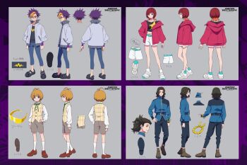 1girl 3boys black_pants black_shirt blonde_hair blue_hair blue_jacket blue_pants brown_hair cropped_shirt digimon digimon_beatbreak glasses grey_background grey_shorts jacket kuonji_makoto mole mole_under_mouth multicolored_hair multiple_boys multiple_views official_art orange_hair pants print_shirt purple_eyes red_jacket reference_sheet round_eyewear sakuya_reina sawashiro_kyo shirt short_hair shorts simple_background star_(symbol) star_print tenma_tomoro two-tone_hair two-tone_shirt white_jacket white_shirt white_shorts yellow_shirt