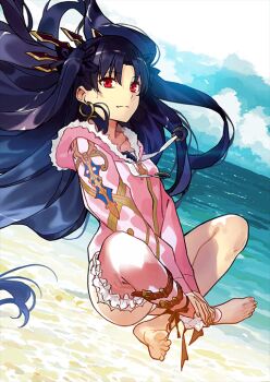 1girl ankle_strap asymmetrical_legwear barefoot belt_buckle black_bow black_hair bow buckle collarbone curtained_hair drawstring dutch_angle earrings fate/grand_order fate_(series) floating floating_hair frills full_body gold_earrings hair_bow hands_on_lap hood hood_down hooded_jacket indian_style ishtar_(fate) ishtar_(swimsuit_rider)_(fate) jacket jewelry leg_belt leggings long_hair long_sleeves looking_at_viewer midair morii_shizuki official_art one-piece_swimsuit pink_jacket pink_leggings red_eyes single_detached_legging sitting smile solo swimsuit swimsuit_under_clothes third-party_source tiara toes two_side_up very_long_hair white_one-piece_swimsuit zipper_pull_tab