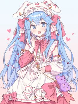 1girl ame_ame animal_ears blue_eyes blue_hair blush bow hair_bow hair_ornament hairclip hatsune_miku heart highres long_hair looking_at_viewer open_mouth pink_bow rabbit_ears smile solo stuffed_animal stuffed_toy teddy_bear twintails vocaloid