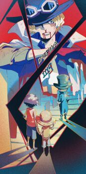 3boys aged_down back bandages blonde_hair blood blood_from_mouth brothers child commentary_request copyright_name ezui full_body gloves goggles goggles_on_headwear hat hay highres monkey_d._luffy multiple_boys one_piece portgas_d._ace sabo_(one_piece) scar scar_on_face shadow short_hair shorts siblings straw_hat tank_top