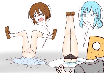 black_panties blue_hair brown_hair highres inugami-ke_no_ichizoku_pose loafers non-web_source panties pink_panties school_uniform shoes stuck underwear