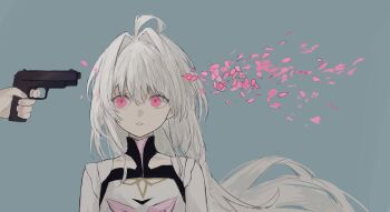 1girl 1other ahoge character_request check_character check_copyright commentary_request copyright_request curtained_hair fate/prototype fate_(series) gun hair_intakes headshot highres holding holding_gun holding_weapon jellyfish_cut long_hair looking_to_the_side merlin_(fate/prototype) murder out_of_frame parted_lips petals pink_eyes rurubusandayo upper_body weapon white_hair