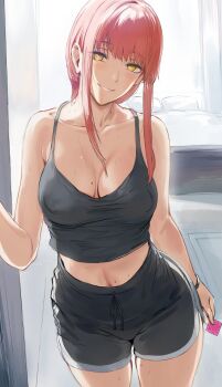 1girl bare_shoulders black_camisole black_shorts breasts camisole chainsaw_man cleavage collarbone condom condom_wrapper dolphin_shorts grin hews highres large_breasts long_hair looking_at_viewer makima_(chainsaw_man) mole mole_on_breast navel red_hair ringed_eyes shorts sidelocks smile solo sweat thighs yellow_eyes