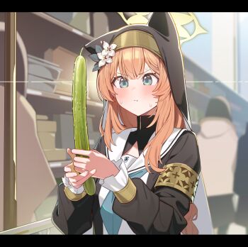 1girl absurdres animal_ears aqua_neckerchief armlet black_veil blue_archive blue_eyes blush cat_ears cat_girl closed_mouth commentary cucumber dress food gold_armlet halo highres holding holding_food long_hair long_sleeves mari_(blue_archive) muo_(muojjang_0929) neckerchief nun orange_hair people puffy_long_sleeves puffy_sleeves sailor_collar solo symbol-only_commentary veil white_dress white_sailor_collar yellow_halo