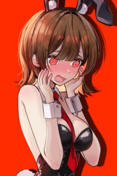 1girl @_@ alternate_costume animal_ears bare_shoulders between_breasts black_hairband black_leotard black_survival blush breasts brown_hair colored_inner_hair detached_collar embarrassed estelle_(black_survival) eternal_return:_black_survival fake_animal_ears fake_tail hairband hands_on_own_cheeks hands_on_own_face highres leotard looking_to_the_side medium_breasts medium_hair moonb3702 multicolored_hair necktie necktie_between_breasts nose_blush open_mouth orange_hair playboy_bunny rabbit_ears rabbit_tail red_background red_eyes red_necktie shadow simple_background solo strapless strapless_leotard tail two-tone_hair upper_body wrist_cuffs