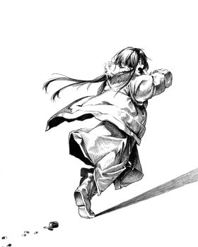 1girl boots coat dress from_behind fur-trimmed_hood fur_trim greyscale hatching_(texture) highres hood ira_grachevskaya kilsturgeon long_dress long_hair monochrome pill pill_bottle profile running scared simple_background solo tearing_up white_background z.a.t.o._//_i_love_the_world_and_everything_in_it