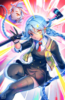 2girls absurdres ai_the_somnium_files ai_the_somnium_files:_nirvana_initiative aiba_(ai_the_somnium_files) alina_l aqua_hair black_dress black_gloves black_thighhighs braid bright_pupils commentary dress english_commentary feet_out_of_frame gloves heterochromia highres looking_at_viewer multiple_girls necktie okiura_mizuki red_necktie school_uniform sekiba_girls&#039;_high_school_uniform shirt short_dress staff thighhighs twin_braids twintails twitter_username white_pupils white_shirt