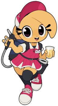 1girl :d absurdres alcohol alpha_transparency beer beer_tap belt black_eyes black_thighhighs bonita_(gato_del_futuro) collared_shirt cup cup_stack furry furry_female gato_del_futuro highres holding holding_cup miniskirt nozzle open_mouth original outline rabbit red_shoes shirt shoes skirt smile solo thighhighs transparent_background uriko_(baseball) white_outline yellow_fur