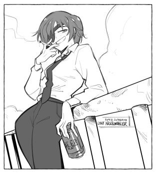 1girl against_railing beer_can can chainsaw_man cheesecakes_by_lynx cigarette cloud collared_shirt drink_can eyepatch greyscale grin himeno_(chainsaw_man) holding holding_can holding_cigarette long_sleeves monochrome necktie outdoors pants railing shirt smile solo white_shirt