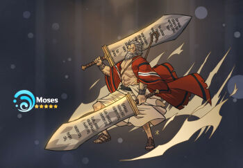 apoloniodraws character_name from_side gacha_(game_mechanic) genshin_impact hebrew_text highres huge_weapon moses muscular muscular_male old old_man solo star_(symbol) summoning sword the_bible water weapon