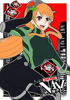 1girl absurdres ass bodysuit breasts brown_eyes cosplay curvy degamishiro goggles goggles_on_head green_bodysuit highres large_breasts long_hair long_sidelocks multicolored_bodysuit nami_(one_piece) one_piece open_mouth oracle_(persona_5) orange_hair persona persona_5 sakura_futaba sakura_futaba_(cosplay) sidelocks smile