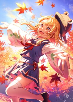 1girl absurdres animal_print autumn autumn_leaves blonde_hair blush brown_hat detached_sleeves frog frog_hair_ornament frog_print hair_ornament hair_ribbon hat highres leaf long_hair long_sleeves maple_leaf moriya_suwako nora_wanko open_mouth purple_vest ribbon rope shimenawa shirt short_hair skirt smile solo thighhighs touhou vest white_thighhighs wide_sleeves yellow_eyes