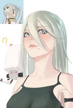 1girl ? a2_(nier:automata) absurdres android bare_shoulders blue_eyes breasts closed_mouth eyelashes frieren grey_hair hair_between_eyes hashtag-only_commentary highres joints long_hair medium_breasts meme mercaxy mole mole_under_mouth nier:automata nier_(series) pink_lips pod_(nier:automata) reference_inset robot_joints simple_background smile solo sousou_no_frieren upper_body upward_angle_frieren_drawing_(meme) white_background