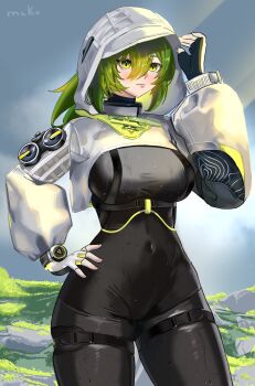 Rule 34 | 1girl, arknights, arknights: endfield, black bodysuit, bodysuit, commentary, facial scar, fluorite (arknights), green hair, hair through hood, highres, hood, hortyrini, outdoors, scar, scar on cheek, scar on face, solo, standing, tagme, untranslatable commentary