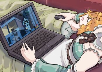 2girls absurdres ahoge artist_name blonde_hair closed_eyes commentary computer detached_sleeves dokibird drooling fang flat_chest_joke frilled_sleeves frills head_out_of_frame highres indie_virtual_youtuber indoors laptop long_sleeves lying mat_(matdesenheiro) meme metal_gear_(series) metal_gear_solid mint_fantome mint_fantome_(minto_2.0) mouth_drool multiple_girls on_back open_mouth reclining skin_fang sleeping solid_snake symbol-only_commentary virtual_youtuber wide_sleeves