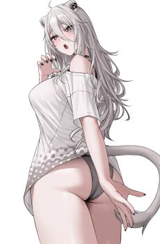 1girl absurdres animal_ear_fluff animal_ear_piercing animal_ears ass black_choker black_nails blush breasts choker commentary grey_eyes grey_hair grey_panties grey_tail hair_between_eyes highres hololive large_breasts lion_ears lion_girl lion_tail long_hair long_hair_between_eyes looking_at_viewer loose_clothes loose_shirt nail_polish no_pants official_alternate_costume official_alternate_hairstyle open_mouth panties shirt shishiro_botan shishiro_botan_(midnight_convenience_store) simple_background single_bare_shoulder single_off_shoulder solo symbol-only_commentary tail thighs underwear virtual_youtuber wanne white_background