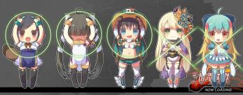 5girls :d ahoge animal_ear_hairband animal_ears aqua_scrunchie arms_up bikini black_thighhighs blonde_hair blue_bow blue_dress blue_eyes blue_hair blue_thighhighs blush bob_cut boots bow brown_gloves brown_hair character_request chinese_clothes cloak closed_mouth cowboy_hat deformed dress faceless faceless_female fake_animal_ears fang full-face_blush full_body gloves gradient_hair green_cloak green_eyes grey_hair hair_ornament hairband hands_up hanfu hat leotard logo long_bangs long_hair long_sleeves multicolored_hair multiple_girls navel open_mouth orange_eyes purple_hairband raccoon_ears raccoon_tail ryuki_(sangokushi_taisen) sangokushi_taisen scrunchie short_shorts shorts sidelocks skin_fang sleeveless smile standing striped_clothes striped_thighhighs swimsuit tail thighhighs tsurime twintails vertical-striped_clothes vertical-striped_thighhighs very_long_hair wavy_mouth wazawogi_(wzog) white_boots white_dress white_thighhighs wide_sleeves