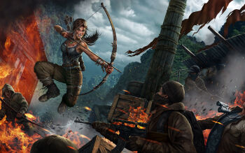 1girl aiming amulet arrow_(projectile) assault_rifle battle beanie binoculars boots bow_(weapon) breasts bryan_marvin_p._sola clenched_teeth combat_boots dirty dirty_face dutch_angle explosion fire gun hat highres jumping lara_croft mask mouth_mask multiple_boys pants quiver rainforest rifle small_breasts tank_top teeth tomb_raider tomb_raider_(reboot) weapon