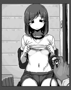 1girl border breasts chair closed_mouth clothes_lift dithering greyscale gym_uniform hamsterfragment hands_up holding holding_stethoscope jaggy_lines lifting_own_clothes lowres medium_breasts medium_hair monochrome navel on_chair original pov pov_hands scar shirt shirt_lift short_shorts shorts sitting solo_focus split_mouth stethoscope stitches straight-on shinohata_sachie_(hamsterfragment)