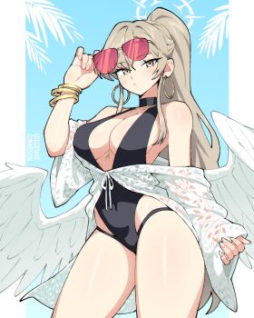 absurdres angel_wings artist_name aviator_sunglasses black_one-piece_swimsuit blonde_hair blue_archive blue_background border bracelet breasts commentary commission covered_navel earrings english_commentary feathered_wings halo highres hoop_earrings jewelry large_breasts low_wings nagisa_(blue_archive) nagisa_(swimsuit)_(blue_archive) official_alternate_costume official_alternate_hairstyle one-piece_swimsuit pink-tinted_eyewear qewie second-party_source sunglasses swimsuit tinted_eyewear white_border white_wings wings yellow_eyes
