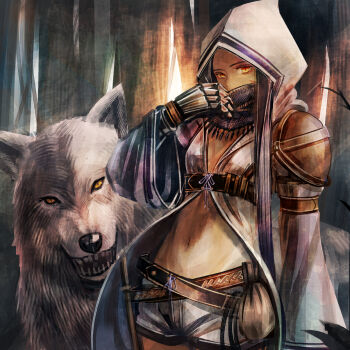 1girl animal armor belt belt_pouch black_hair brown_belt cloak commentary_request facial_mark fingerless_gloves flat_chest forest gloves hand_up highres hood hood_up hooded_cloak long_hair long_sleeves looking_at_viewer multiple_belts nature navel orange_eyes original pouch scarf scarf_over_mouth shorts shoulder_armor slit_pupils stomach sushi_(sashimise) upper_body white_cloak white_shorts wide_sleeves wolf