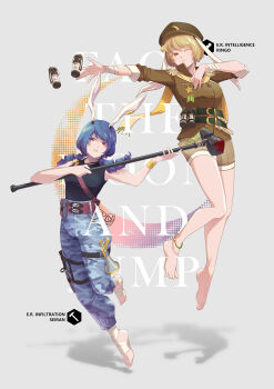 2girls alternate_costume animal_ears anklet barefoot belt black_tank_top blonde_hair blood bloody_weapon blue_hair blue_pants breasts brown_belt brown_shirt brown_shorts camouflage camouflage_pants colored_eyelashes commentary crescent crescent_hat_ornament crescent_pin dango drill_hair english_commentary english_text epaulettes explosive floppy_ears food foot_wraps green_belt grenade grey_background hammer hat hat_ornament highres holding holding_hammer jewelry knees knife leg_belt lips long_hair lunatic_gun medal medium_breasts military_hat military_uniform multiple_girls one_eye_closed outstretched_arm pants parted_lips qingshuiwuyin_pary rabbit_ears rabbit_girl red_eyes ringo_(touhou) seiran_(touhou) shadow shirt short_hair shorts sledgehammer star_pin tank_top teeth thighs touhou twin_drills wagashi weapon wrist_wrap
