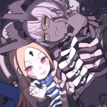 2girls abigail_williams_(celebratory_attire)_(fate) abigail_williams_(fate) bare_shoulders black_dress blonde_hair blue_dress blush bow bracelet breasts colored_skin dress fate/grand_order fate_(series) forehead glasses grey_hair grey_skin horns jacques_de_molay_(celebratory_attire)_(fate) jacques_de_molay_(foreigner)_(fate) jewelry keyhole kuroboshi_kouhaku large_breasts long_hair long_sleeves looking_at_viewer multiple_girls off_shoulder parted_bangs red_eyes short_hair small_breasts smile tentacles tongue tongue_out yellow_eyes