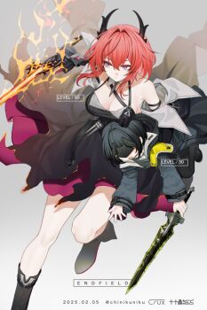 Rule 34 | 2girls, alternate body size, arknights, arknights: endfield, black boots, black coat, black dress, black horns, black mask, boots, breasts, carrying, carrying under arm, chinikuniku, cleavage, coat, commentary request, copyright name, dated, dress, dynamic pose, endministrator (arknights), female endministrator (arknights), gradient background, grey sweater, hair intakes, holding, holding sword, holding weapon, horns, laevatain (arknights), large breasts, level difference, long sleeves, medium hair, multiple girls, open clothes, open coat, purple eyes, red hair, size difference, standing, standing on one leg, surtr (arknights), sweater, sword, turtleneck, turtleneck sweater, twitter username, weapon