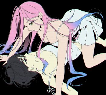 2girls alien_stage black_background black_hair blue_hair breasts cleavage commentary dress girl_on_top gradient_hair green_eyes gumchi44444 highres kneeling long_hair lying mizi_(alien_stage) multicolored_hair multiple_girls on_back pink_hair purple_eyes short_hair simple_background sleeveless sleeveless_dress spaghetti_strap sua_(alien_stage) symbol-only_commentary very_long_hair white_dress yukadon yuri