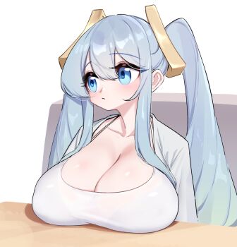 1girl alternate_costume animification blue_eyes blue_hair breast_rest breasts breasts_on_table cleavage closed_mouth collarbone expressionless grey_shirt hair_between_eyes highres large_breasts league_of_legends long_hair long_sleeves looking_to_the_side shirt solo sona_(league_of_legends) sports_bra twintails upper_body white_sports_bra yabby