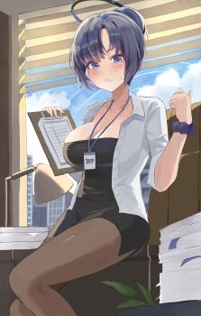 1girl absurdres alternate_costume alternate_hairstyle black_dress blue_archive blue_sky blush breasts brown_pantyhose cleavage clipboard cloud collared_jacket commentary_request desk_lamp dress hairband halo highres holding holding_clipboard id_card indoors jacket lamp lanyard large_breasts long_hair looking_at_viewer mechanical_halo muffin_(loveenanag) office_lady open_clothes open_jacket pantyhose paper_stack plant purple_eyes purple_hair scrunchie short_dress sky solo sweatdrop white_hairband white_jacket window_blinds wrist_scrunchie yuuka_(blue_archive)