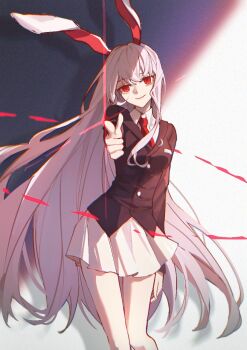 1girl animal_ears bare_legs black_jacket blazer chinese_commentary commentary dress_shirt empty_eyes feet_out_of_frame finger_gun foreshortening heibai_(pxyz8223) incoming_attack jacket long_hair long_sleeves looking_at_viewer miniskirt necktie pointing pointing_at_viewer rabbit_ears rabbit_girl red_eyes red_necktie reisen_udongein_inaba shirt skirt smile solo straight_hair touhou very_long_hair white_shirt white_skirt