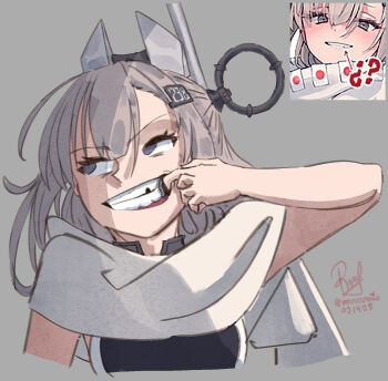 Rule 34 | 1girl, capelet, chipped tooth, grey background, grey eyes, grey hair, highres, kantai collection, long hair, one-piece swimsuit, ron (pixiv83091338), signature, solo, swimsuit, tooth gap, twitter username, wahoo (kancolle), white capelet