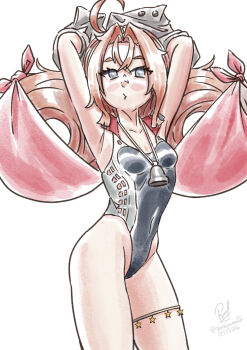 1girl arms_behind_head bandana bell black_one-piece_swimsuit breasts commentary competition_swimsuit covered_navel drum_(kancolle) english_commentary grey_eyes hair_rings headgear highleg highleg_one-piece_swimsuit highres kantai_collection one-hour_drawing_challenge one-piece_swimsuit orange_hair pink_bandana ron_(pixiv83091338) small_breasts solo swimsuit