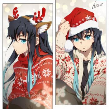 Rule 34 | 2boys, animal ear fluff, animal ears, aqua eyes, aqua hair, black hair, black pants, brothers, closed mouth, commentary request, fake animal ears, fake antlers, fox ears, gradient hair, hair between eyes, hana ni nare, hat, highres, kimetsu no yaiba, long hair, long sleeves, male focus, multicolored hair, multiple boys, pants, red sweater, santa hat, siblings, smile, sweater, tokitou muichirou, tokitou yuichirou, turtleneck, turtleneck sweater, twins, white sweater