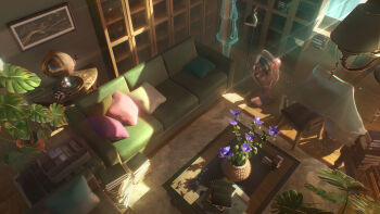 1girl 3d book book_stack bookshelf carpet chair couch cushion day desk_lamp electric_fan flower flower_pot globe highres indoors lamp light_rays morning_glory neur original painting_(object) phonograph pillow plant potted_plant purple_flower scenery shade shadow shelf solo sunlight table vase window wooden_floor