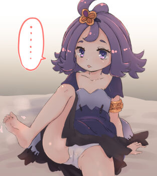... 1girl acerola_(pokemon) barefoot cameltoe collarbone dress eyelashes feet female_focus gradient_background hair_ornament leg_up loli looking_at_viewer medium_hair nintendo open_mouth panties pantyshot patchwork_clothes pokemon pokemon_sm purple_eyes purple_hair rarara99 short_sleeves sitting solo speech_bubble spoken_ellipsis spread_legs toes topknot underwear white_panties