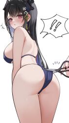 Rule 34 | !, 1girl, 1other, ^^^, alternate costume, ass, asymmetrical horns, back, bare shoulders, bikini, black hair, black horns, blue bikini, blue hair, blush, breasts, colored inner hair, commentary, demon horns, hair ornament, highres, holding, holding scissors, hololive, hololive english, horns, large breasts, looking at viewer, looking back, mole, mole under eye, multicolored hair, nerissa ravencroft, open mouth, red eyes, scissors, shou3 2, simple background, solo, spoken exclamation mark, swimsuit, symbol-only commentary, thighs, uneven horns, virtual youtuber, white background
