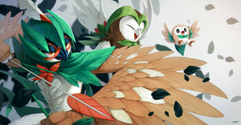 arrow_(projectile) bird closed_eyes closed_mouth dartrix decidueye evolutionary_line feathers flying gen_7_pokemon highres nintendo open_mouth orange_eyes pokemon pokemon_(creature) pokemon_focus rei_crux rowlet