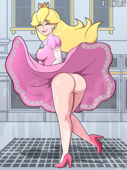 1girl ass assentlov blonde_hair bottle breasts brooch crown earrings grate grin high_heels jewelry laughing legs long_hair marilyn_monroe mario_(series) marylin_monroe_moment nintendo no_panties open_mouth princess_peach shiny_skin smile upskirt wind
