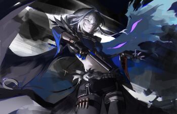 1girl absurdres asymmetrical_wings black_pantyhose black_shorts blue_bra bra breasts closed_mouth commentary galbrena_(wuthering_waves) grey_hair gun highres holding holding_gun holding_weapon looking_at_viewer medium_breasts mismatched_wings pantyhose phyriaxi shorts solo stomach thigh_strap underwear weapon wings wuthering_waves