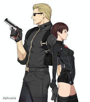 1boy 1girl absurdres albert_wesker back-to-back bad_id bad_twitter_id black_bodysuit black_gloves black_pants black_shirt black_thighhighs blonde_hair bodysuit breasts brown_hair closed_mouth from_side gloves gun handgun highres holding holding_gun holding_weapon muscular muscular_male official_alternate_costume open_mouth pants profile rebecca_chambers red_eyes resident_evil resident_evil_0 shirt short_hair simple_background standing sunglasses thighhighs twitter_username weapon white_background yh114019