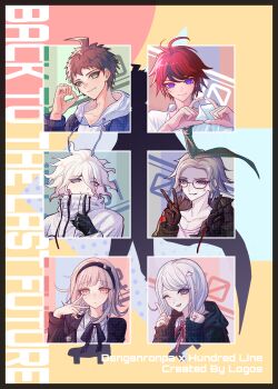 2girls 4boys ;d absurdres ahoge anger_vein angry aotsuki_eito aotsuki_eito_(cosplay) black_bow black_gloves black_hair black_hairband black_jacket black_ribbon blue_eyes bow brown_hair chinese_commentary closed_mouth collarbone collared_shirt commentary_request copyright_name cosplay danganronpa_(series) danganronpa_2:_goodbye_despair double_v drawstring english_text expressionless eyelashes false_smile film_grain glasses gloves green_eyes green_necktie grey_hair hair_between_eyes hair_ornament hairband hand_up high_collar highres hinata_hajime hinata_hajime_(cosplay) hood hood_down hooded_jacket hoodie index_finger_raised jacket jacket_over_hoodie kirifuji_nozomi kirifuji_nozomi_(cosplay) komaeda_nagito komaeda_nagito_(cosplay) long_bangs long_hair long_sleeves medium_hair mole mole_under_eye multicolored_hair multiple_boys multiple_girls nanami_chiaki nanami_chiaki_(cosplay) neck_ribbon necktie number-shaped_hands one_eye_closed open_clothes open_jacket open_mouth pink_hair pink_ribbon red_eyes red_hair ribbon sakuma-sueya shaded_face shirt short_hair sleeves_past_wrists smile solo streaked_hair sumino_takumi sumino_takumi_(cosplay) the_hundred_line_-last_defense_academy- two-tone_hair v white_hair white_hoodie white_jacket white_shirt