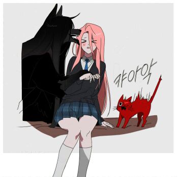 Rule 34 | 1girl, adashino adami, animal, animalization, bbabbamis2, black kimono, black sweater, cat, clothed animal, commentary request, dog, grey background, highres, hissing, homicipher, japanese clothes, kimono, korean commentary, korean text, licking, licking another's face, long hair, mr. crawling, mr. scarletella, pink hair, puffing up, school uniform, simple background, sitting, skirt, sweater, translation request, very long hair