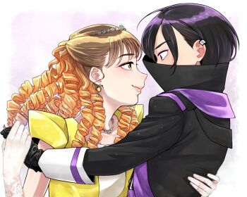 2girls black_hair blonde_hair brown_eyes h heterochromia highres kanisuka_rita multiple_girls ohsama_sentai_king-ohger ran_himeno super_sentai wing_(artist)