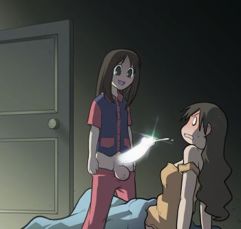 Rule 34 | 1futa, 1girl, age difference, azumanga daiou, bed, bedroom, blush, breasts, brown eyes, brown hair, cum, erection, futa with female, futanari, highres, huge penis, kasuga ayumu, long hair, looking at viewer, medium breasts, o o, on bed, open mouth, penis, penis awe, perversion of canon, precum, sitting, size difference, small breasts, sparrow (artist), surprised, sweat, tanizaki yukari, testicles