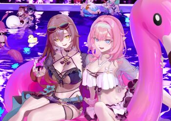 6+girls :d absurdres animal_ears ball beachball bikini black_bikini black_hair blue_eyes blue_hair breasts brown_hair cat_ears cat_girl cleavage closed_eyes closed_mouth commentary_request cup drinking_glass eden_(flowing_rhyme)_(honkai_impact) eden_(honkai_impact) elf elysia_(honkai_impact) elysia_(miss_pink_elf)_(honkai_impact) elysia_(summer_miss_elf)_(honkai_impact) eyewear_on_head fox_ears frilled_bikini frills fu_hua fu_hua_(seagull's_soar) fu_hua_(shadow_knight) green_eyes headband highres holding holding_cup honkai_(series) honkai_impact_3rd innertube large_breasts looking_at_viewer mobius_(honkai_impact) multiple_girls official_alternate_costume open_mouth pardofelis pardofelis_(midsummer_collector) pink_hair pointy_ears pool poolside purple_eyes roena rubber_duck smile sunglasses swim_ring swimsuit vill-v vill-v_(i'm_the_storm) water white_bikini wine_glass yae_sakura yae_sakura_(goushinnso_memento) yae_sakura_(sakura_summer) yellow_eyes